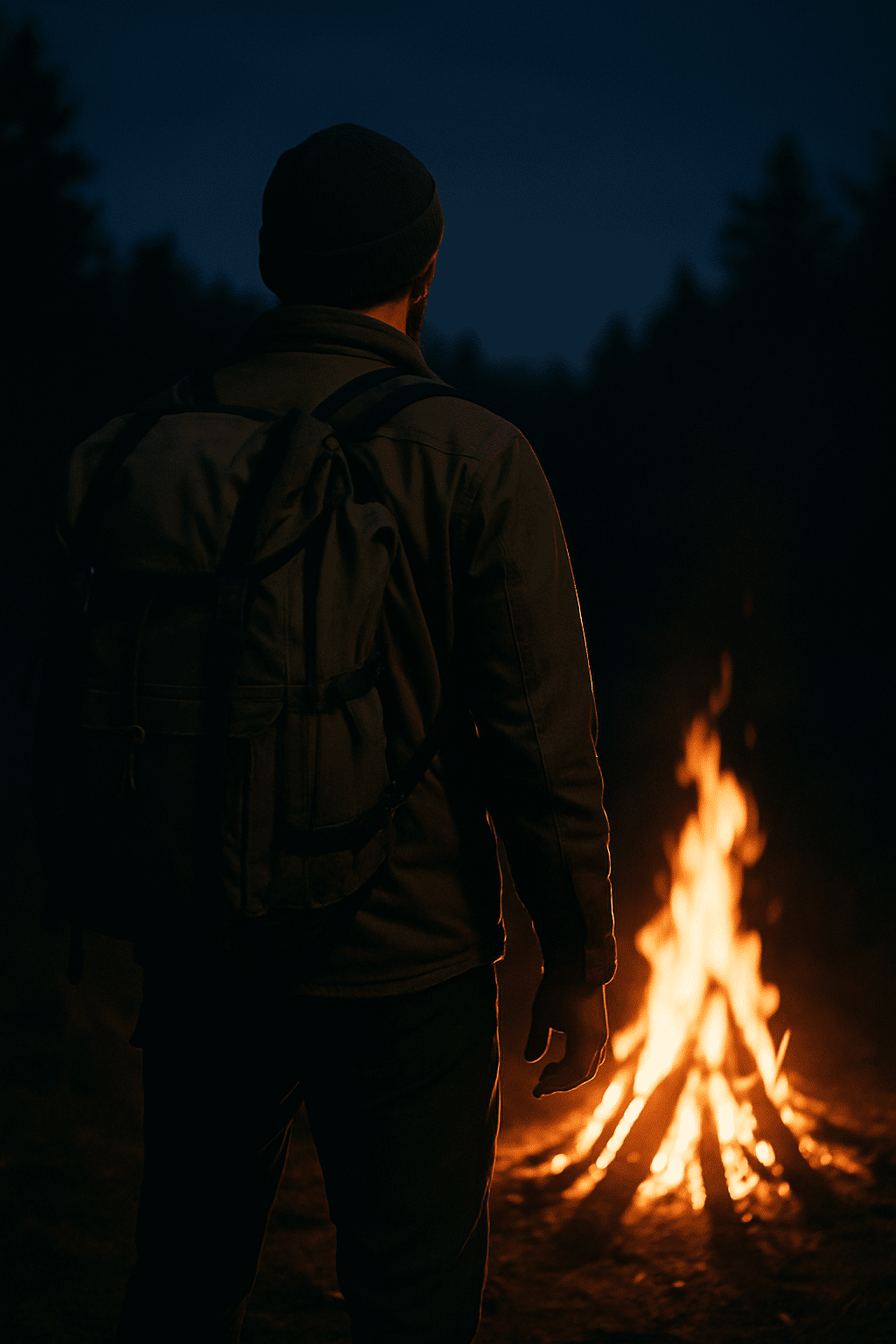 campement nocturne près du feu