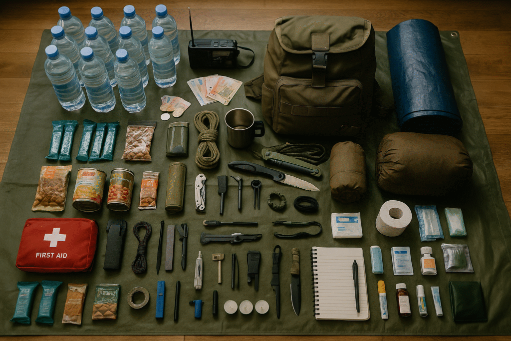 Équipement de survie organisé avec soin