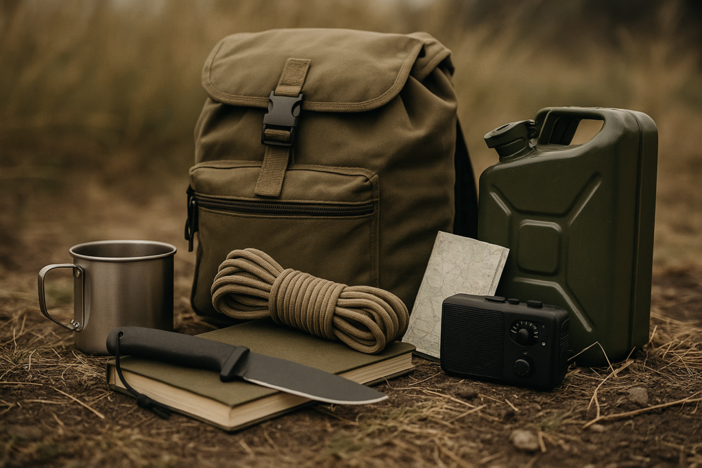 équipement équipement de survivaliste, avec sac, cordes, couteau et autre