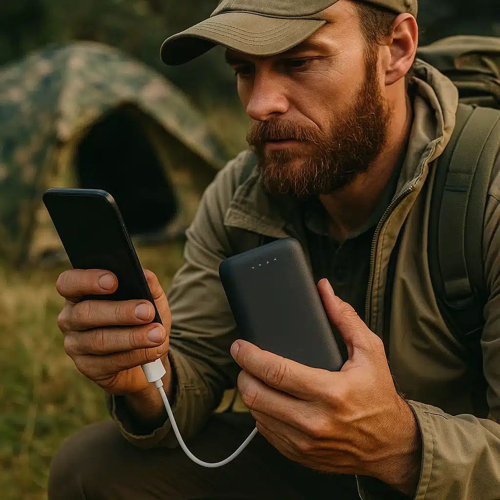Homme au camping chargeant son smartphone