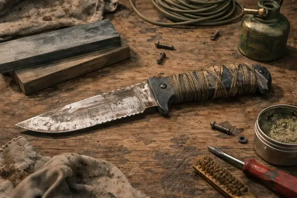 Un couteau usagé et abimé, posé sur une table