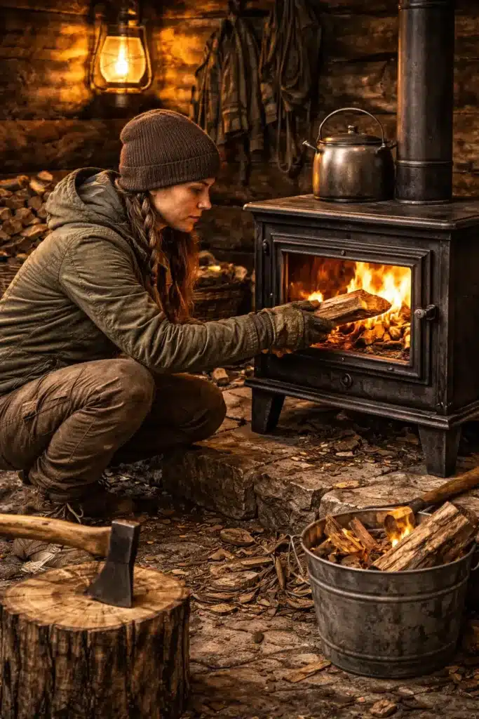 Une survivaliste met des bûches dans un poêle à bois