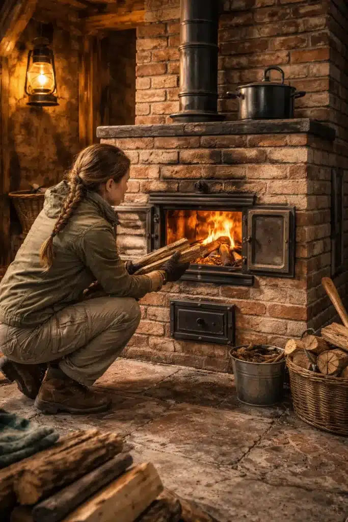 Une survivaliste alimente un poêle en brique