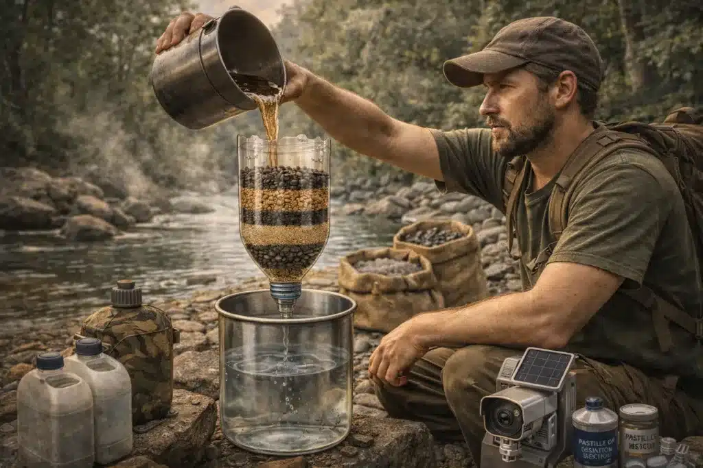 Un survivaliste est en train de charger son filtre à charbon actif