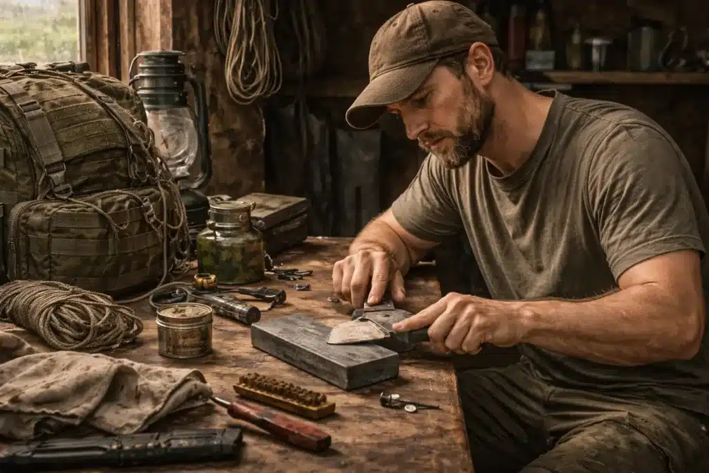 Un homme entretien son équipement survivaliste dans un atelier