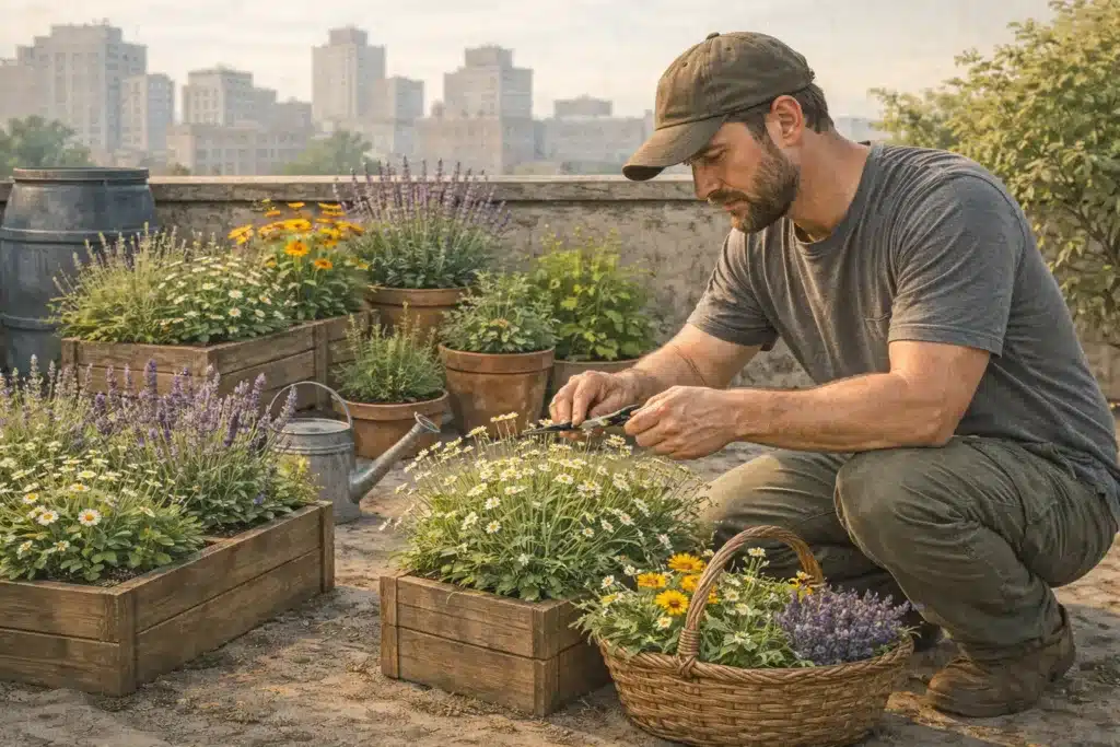 Homme s'occupant de son jardin médicinal sur son balcon