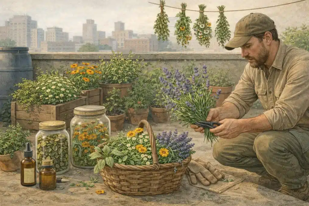 Un survivaliste récolte les plantes de son jardin médicinal