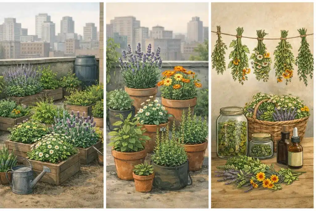 Jardin médicinal urbain avec plantes médicinales cultivées sur un balcon