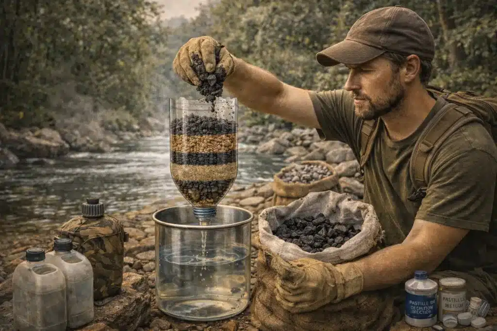 Un survivaliste qui entretien son filtre à charbon actif en plein air