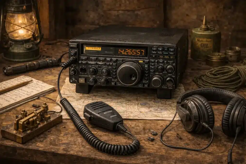 Une radio d'urgence posée sur une table en bois