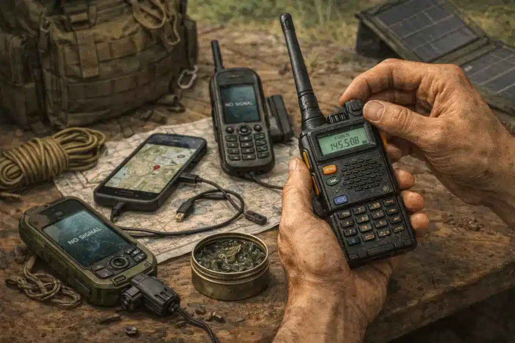 Un survivaliste en train de régler son talkie-walkie