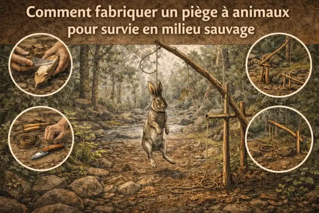 Un schéma montrant un piège de fortune à lapin dans la forêt