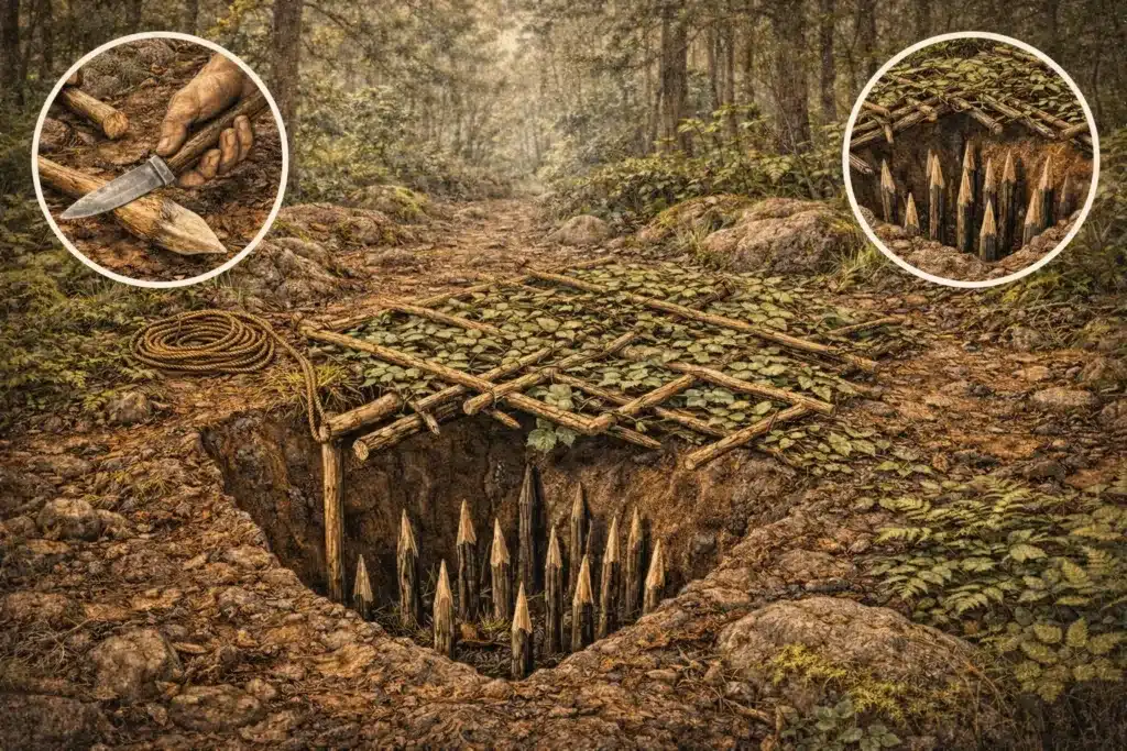 Un piège à fosse avec pieux dans la forêt