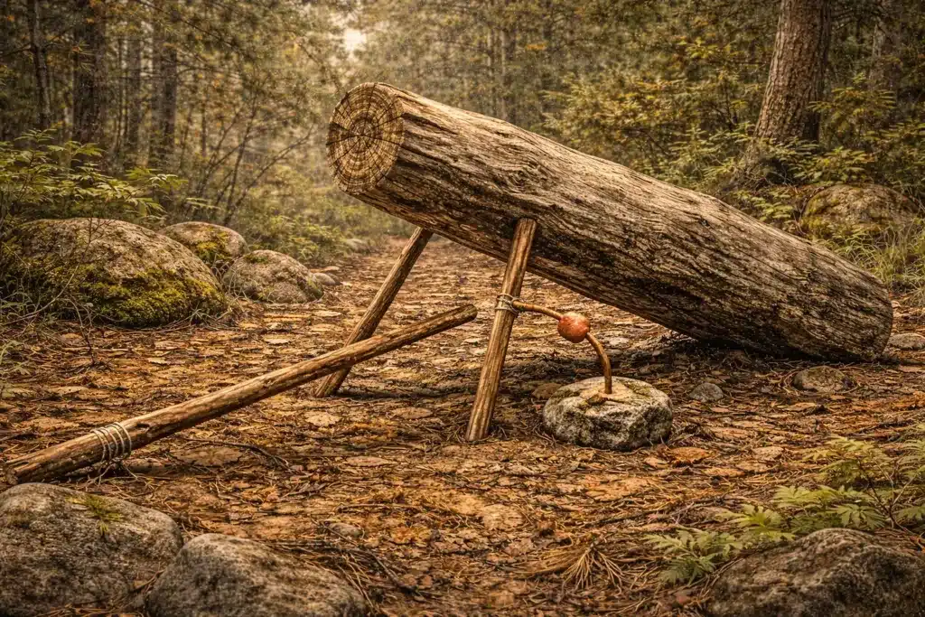 Un piège à chute de fortune avec un gros rondin de bois dans la forêt