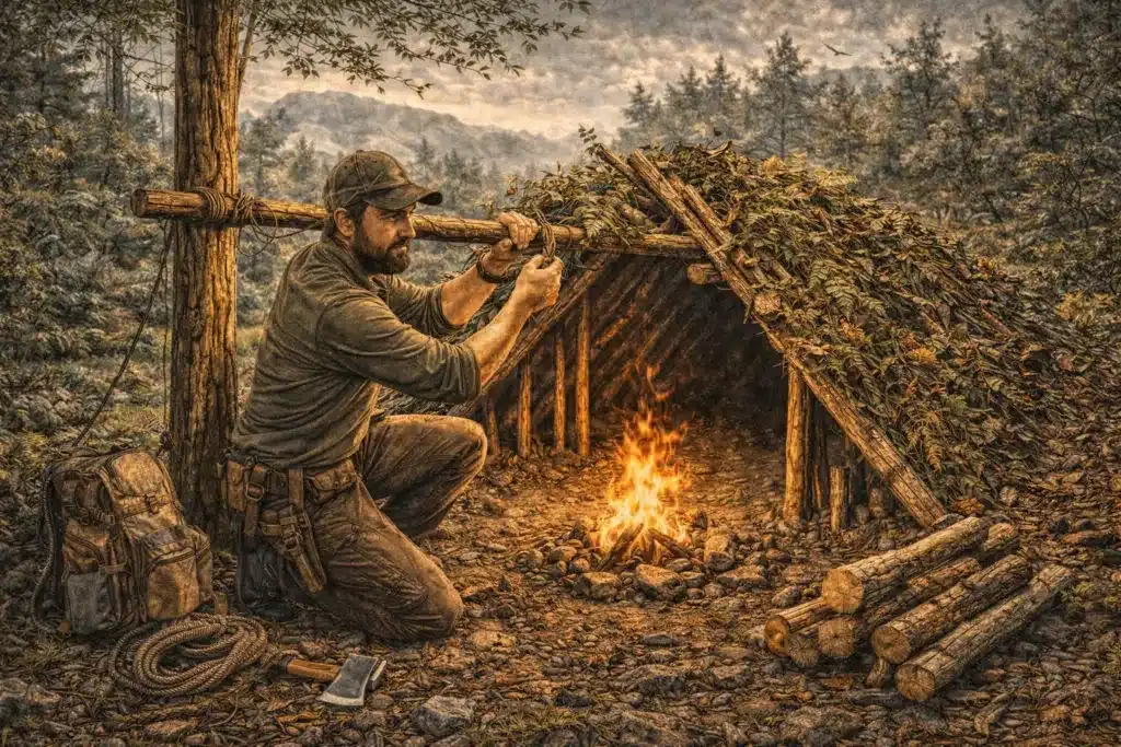 Un survivaliste construit un abri de fortune dans la forêt