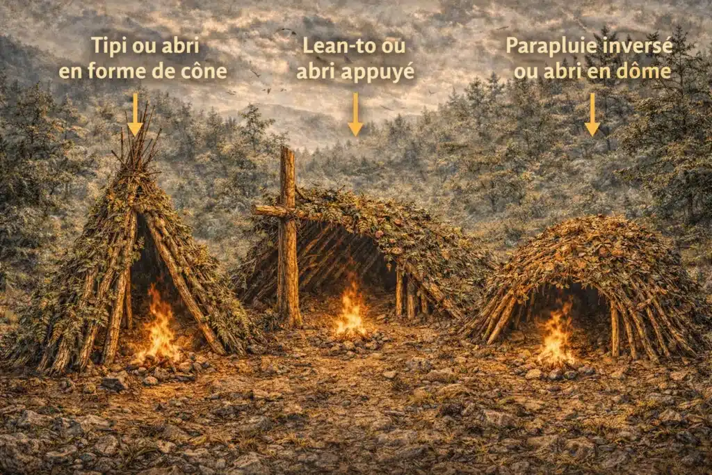 Refuges de survie en forêt Trois exemples de refuge de survie côte à côte