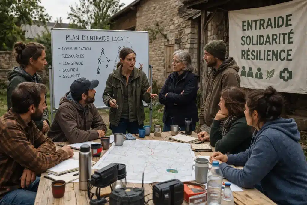 Une réunion d'information en extérieur pour entraide locale