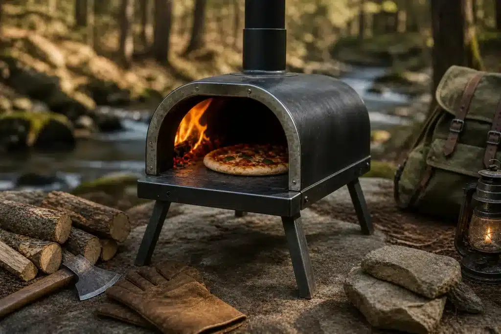 Un four portable en forêt cuit une pizza