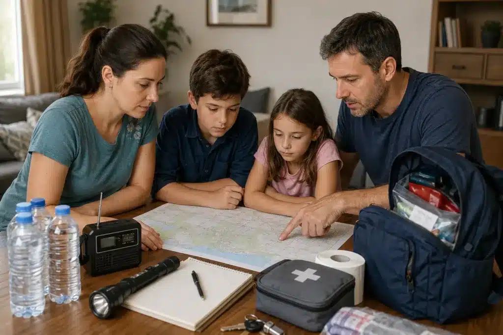 Famille autour d'une table qui se regroupent autour d'une carte
