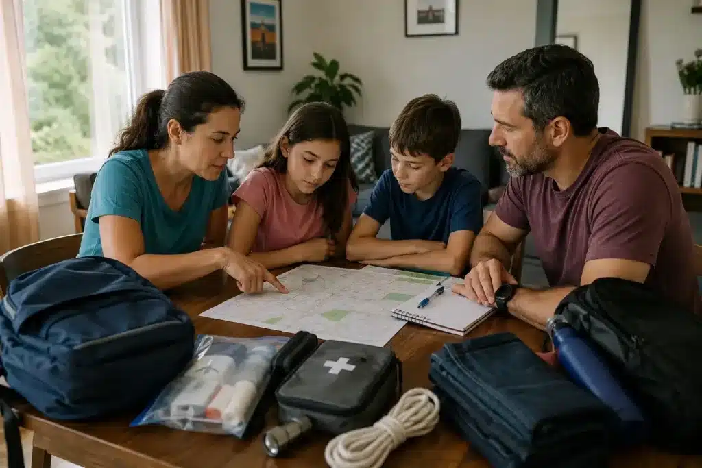 Famille qui discute d'un itinéraire autour d'une carte en cas d'urgence