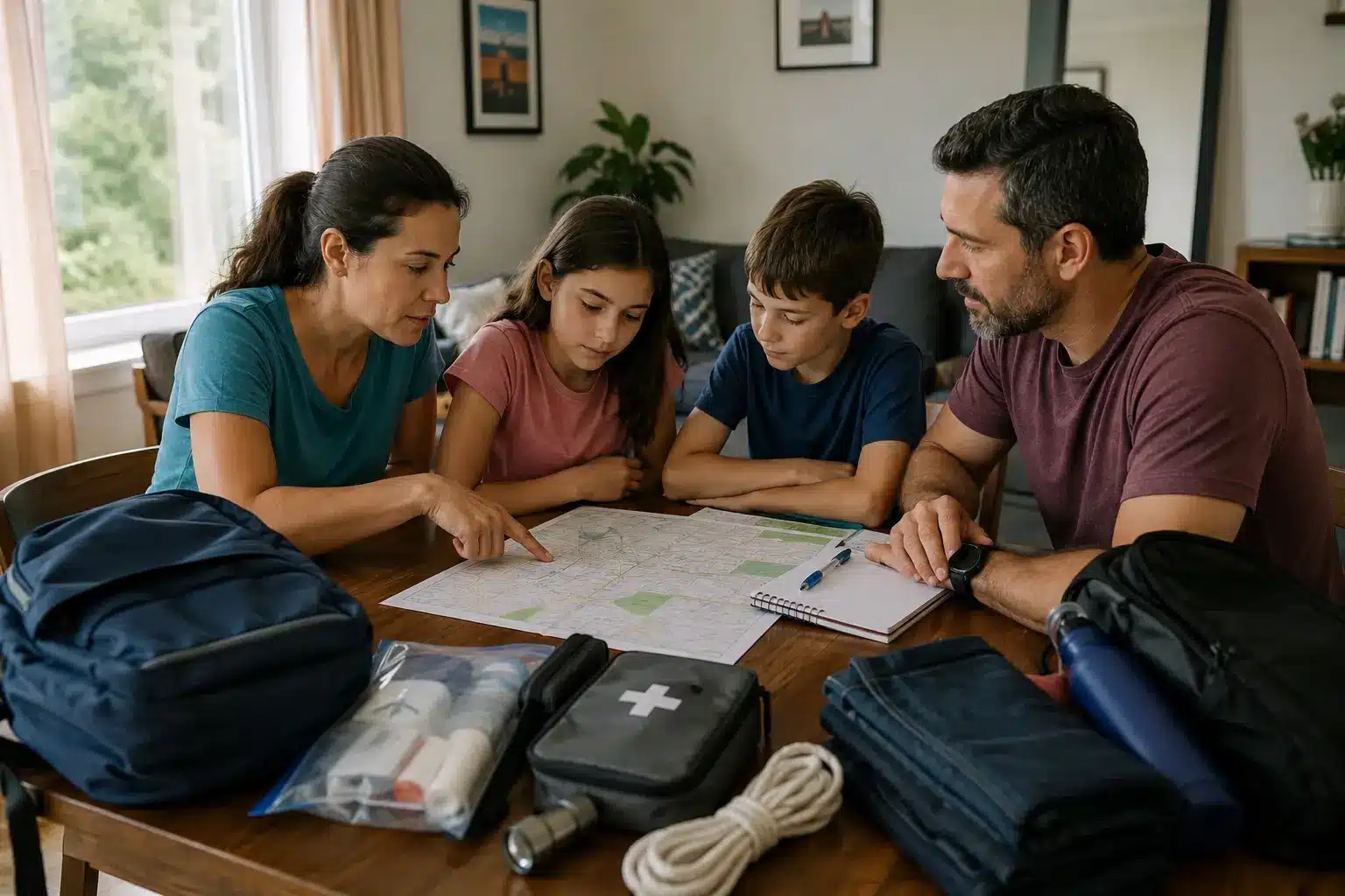 Famille qui discute d'un itinéraire autour d'une carte en cas d'urgence