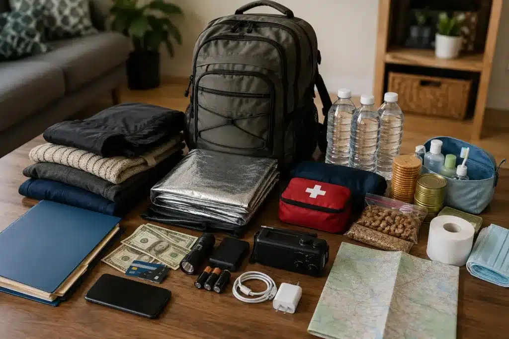 Kit d'évacuation d'urgence sur une table en bois