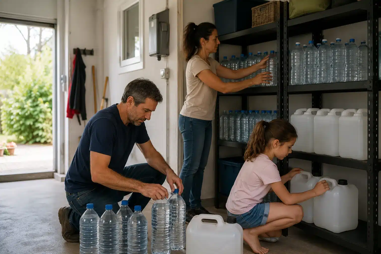 Un père, sa femme et sa fille faisant un stock d'eau dans un garage