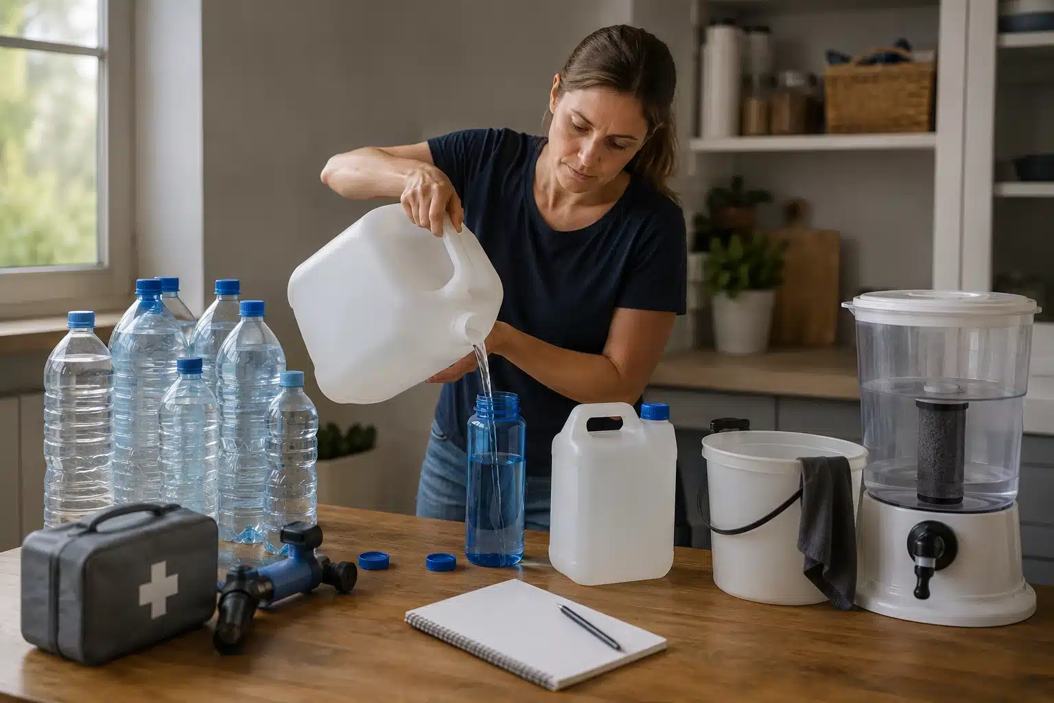 Une femme préparant ses réserves d'eau domestique
