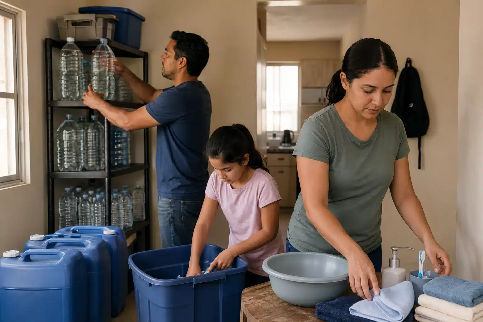 Une famille qui prépare ses réserves d'eau domestique