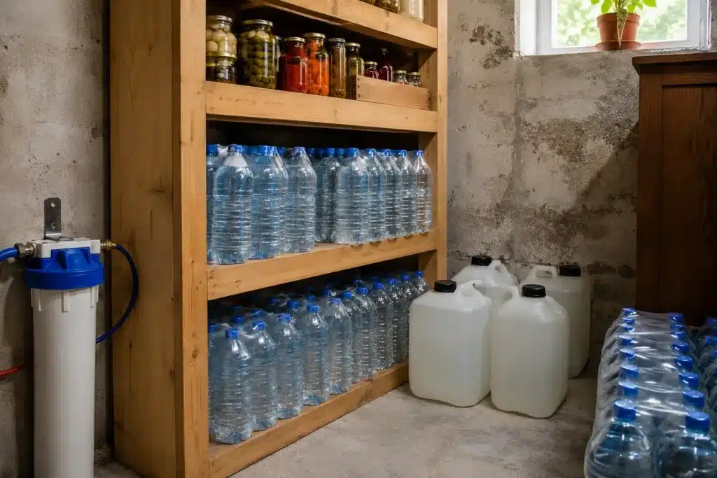 Etagère remplie de bouteilles d'eau pleines
