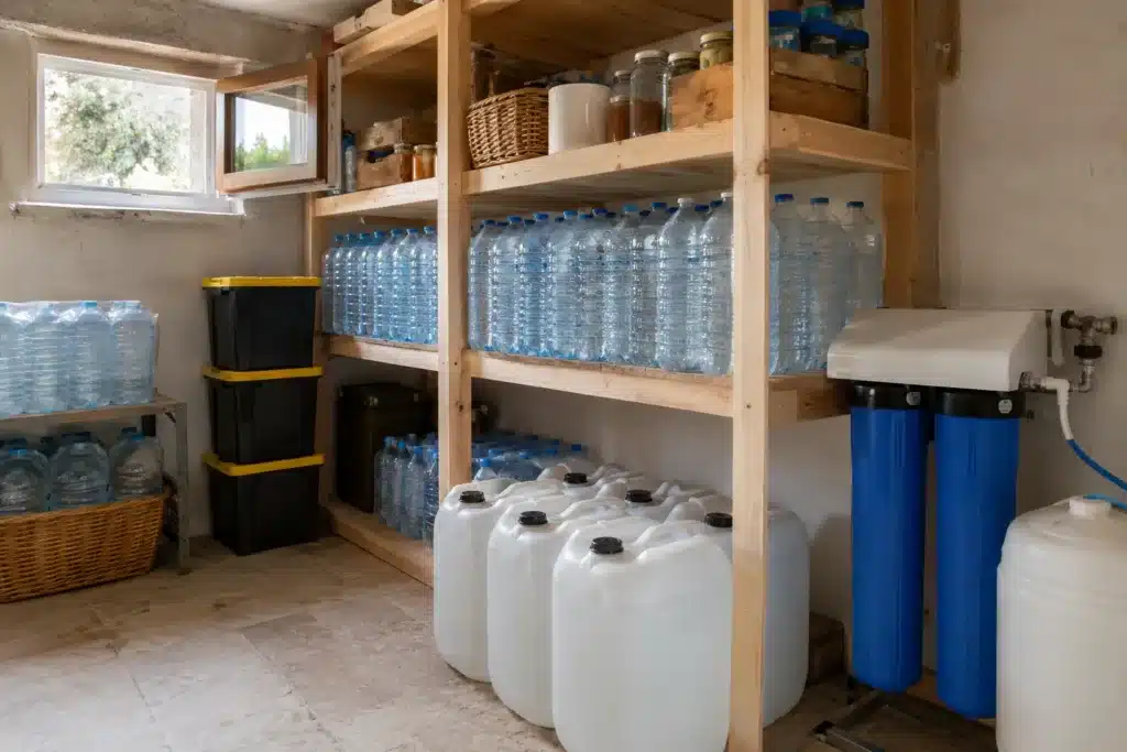 Etagères en intérieures remplies de réserves d'eau