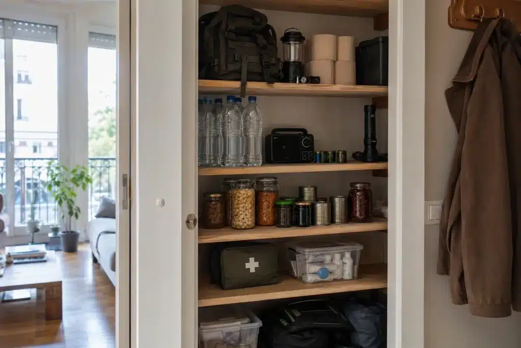 Stock de survie organisé dans une étagère dans un appartement lumineux