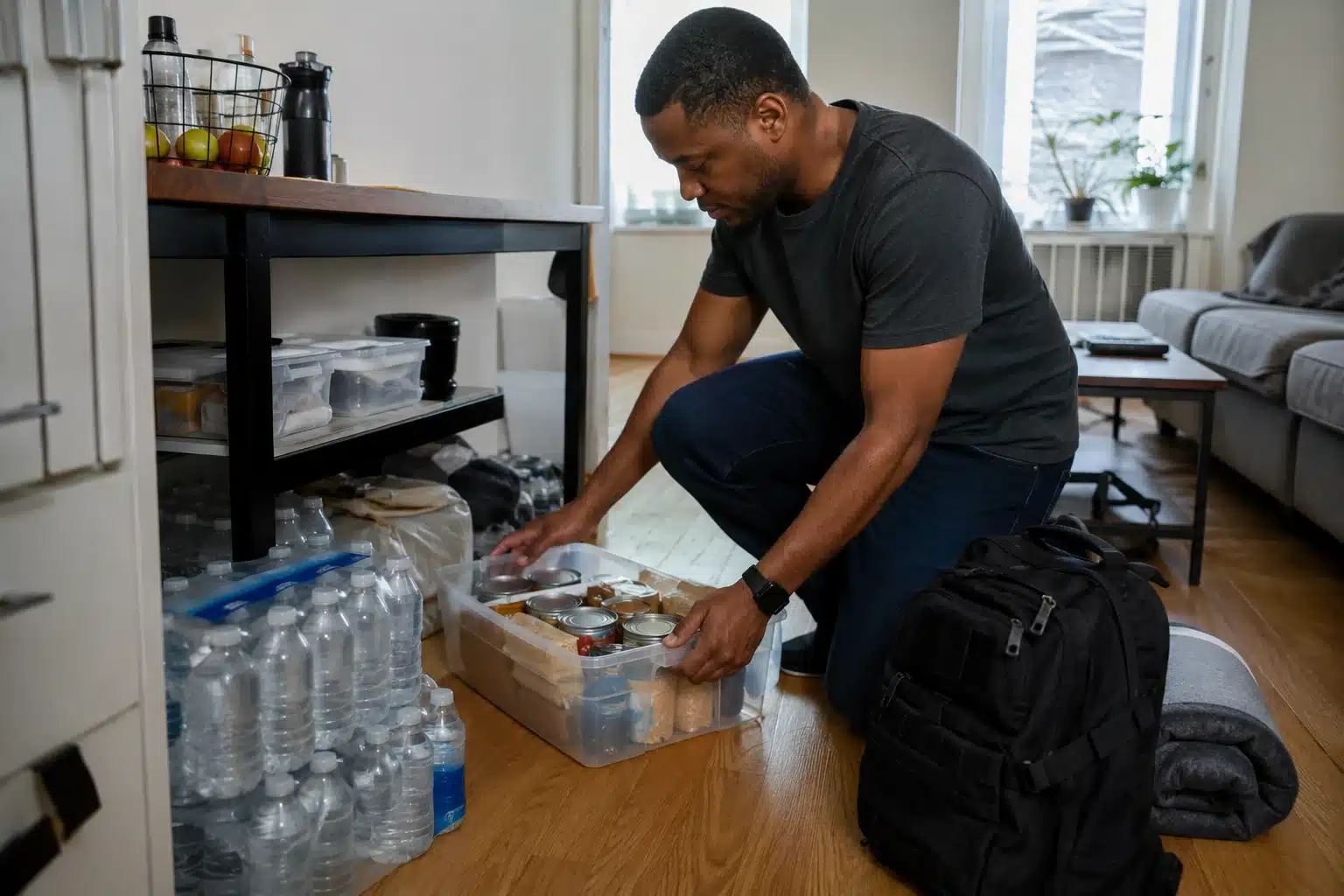 Un homme range des bouteilles d'eau dans son stock de survie dans son appartement