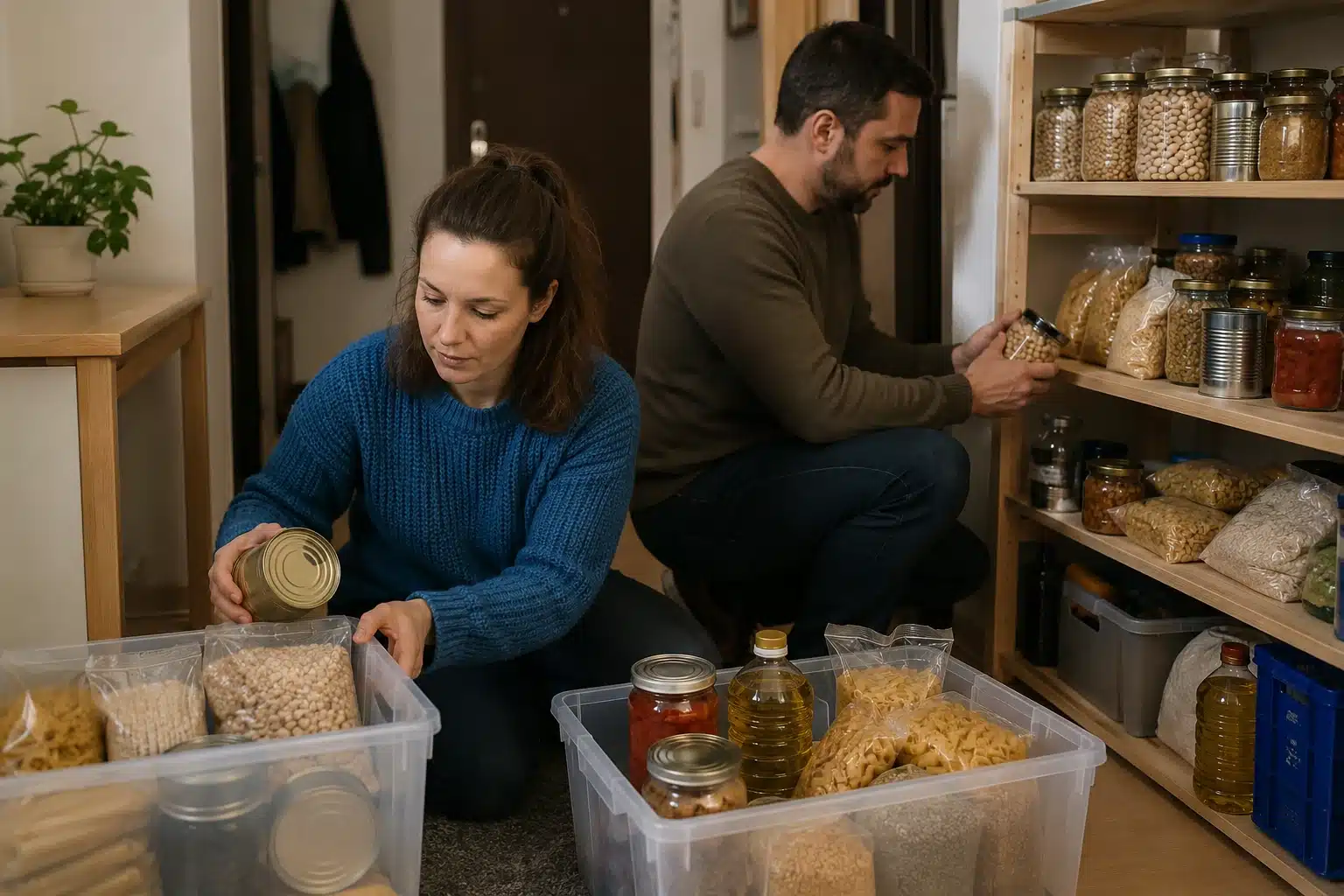 Un couple organisant les réserves alimentaires de leur logement