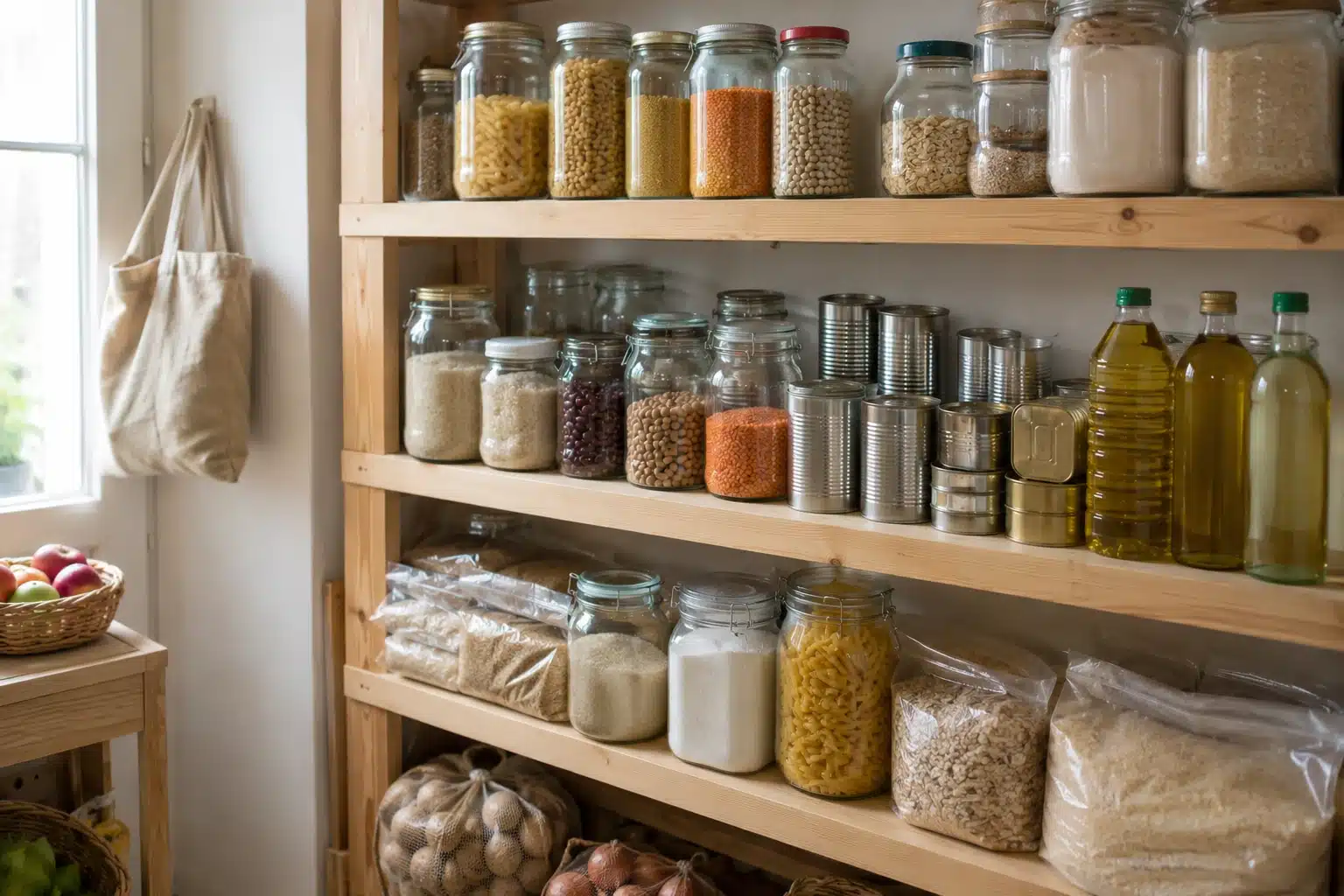 Une étagère stockée avec des vivres à longue durée de conservation