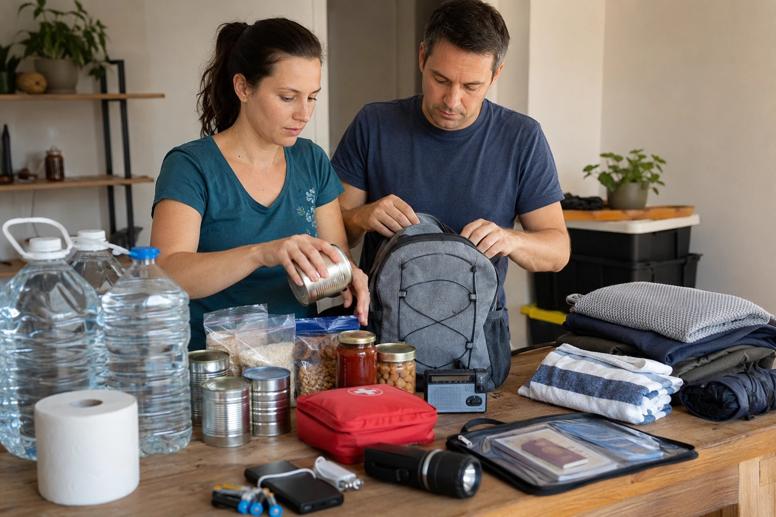 Un couple préparant son kit d'urgence chez eux