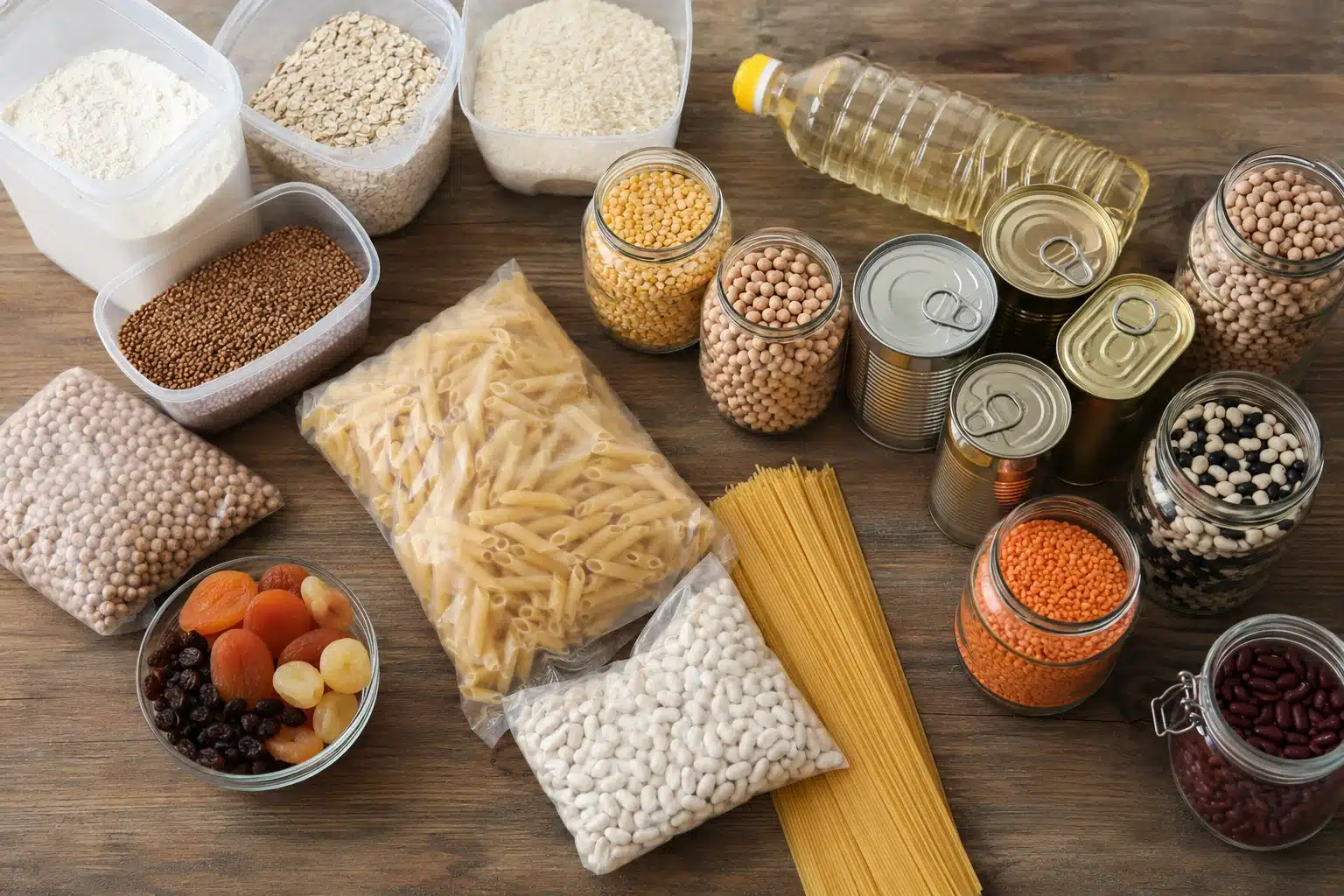 Vue du dessus de divers produits à longue conservation