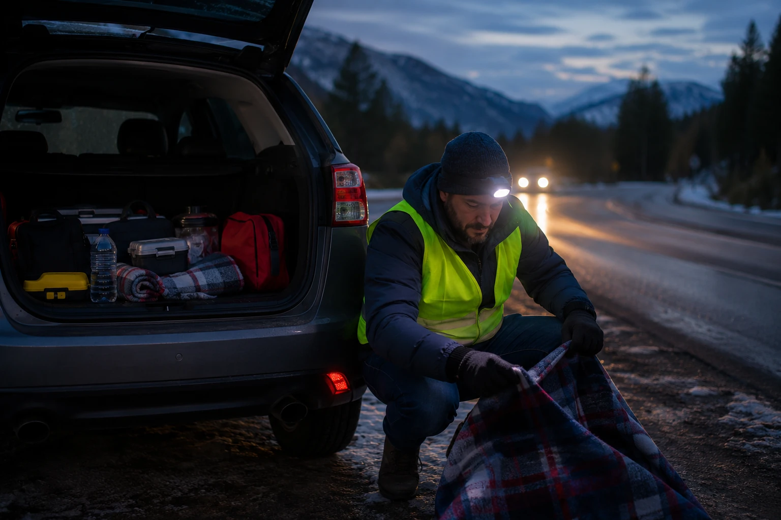 Un homme sur le bord de route qui prépare sa couverture