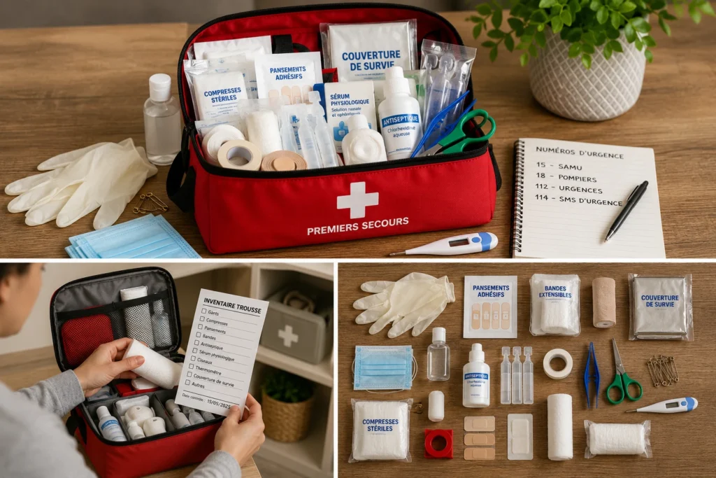Trousse de premiers secours disposé sur la table avec numéros d'urgence