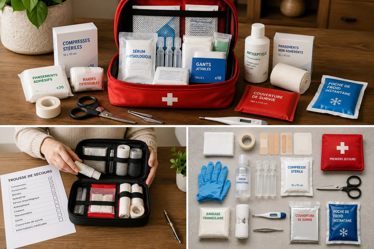 Nécessaire de premier secours disposé clairement