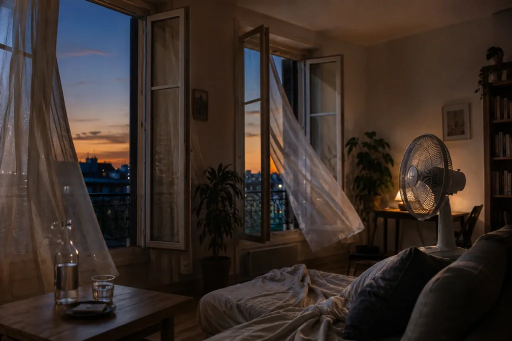 Fenêtres ouvertes sur le crépuscule Salon d'appartement moderne un soir de canicule