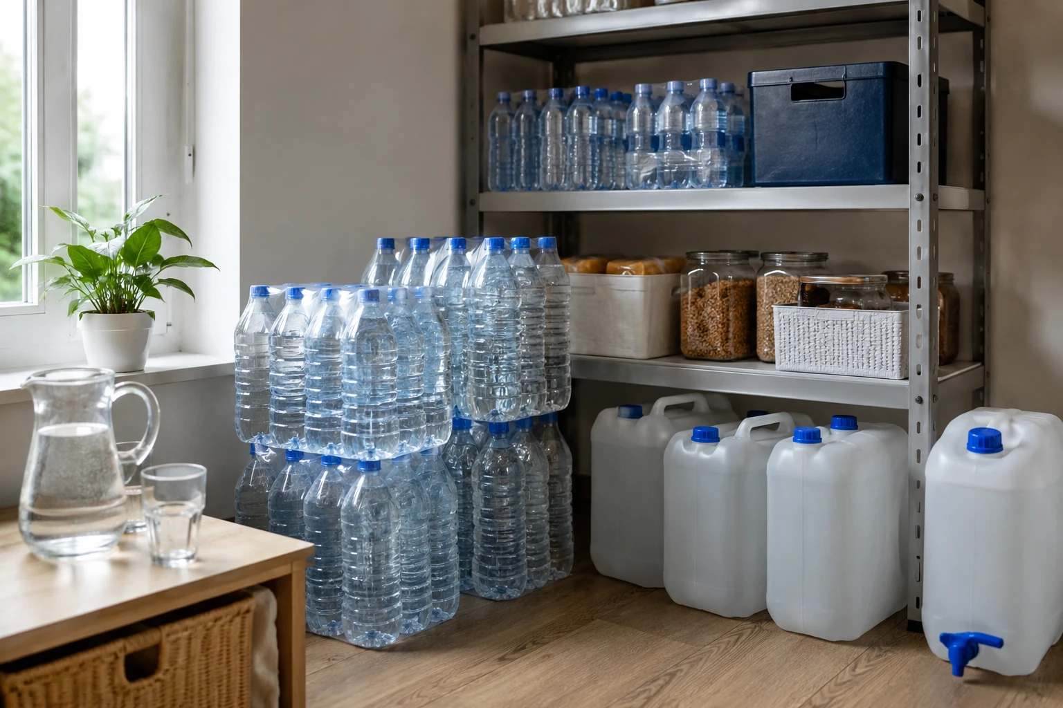Un stock d'eau de survivaliste en intérieur